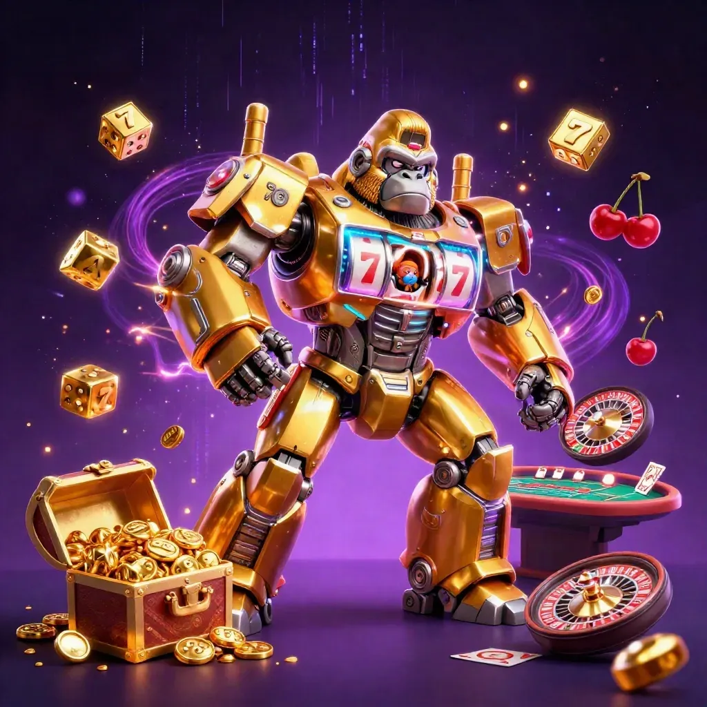 Golden gorilla mech bursts from a slot machine with treasure, roulette wheel and neon energy.