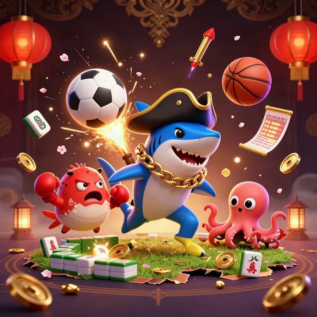 Pirate shark, pufferfish, and octopus amid flying sports balls and casino magic