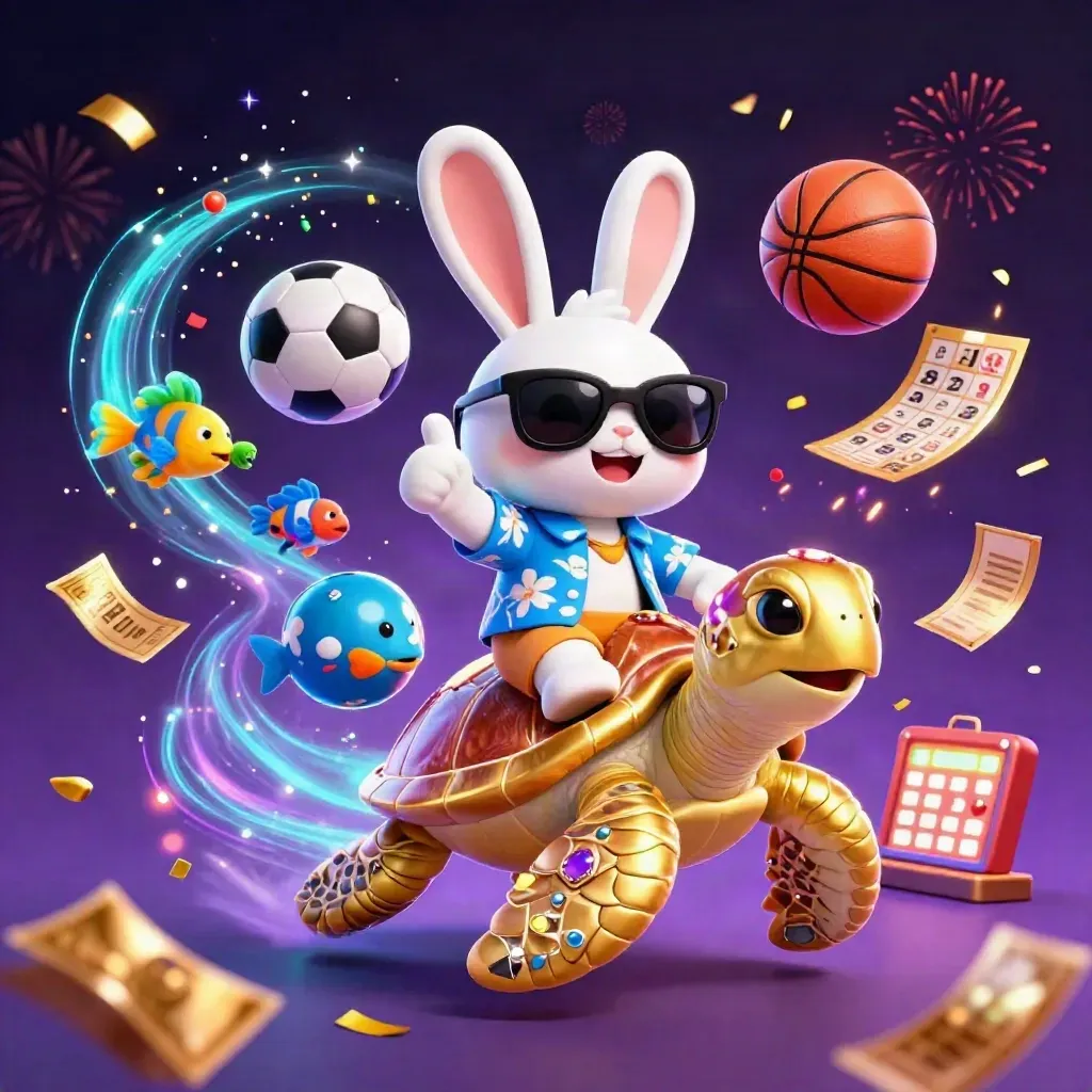 Lucky rabbit on golden sea turtle amid casino sports chaos, balls, confetti, neon glow.