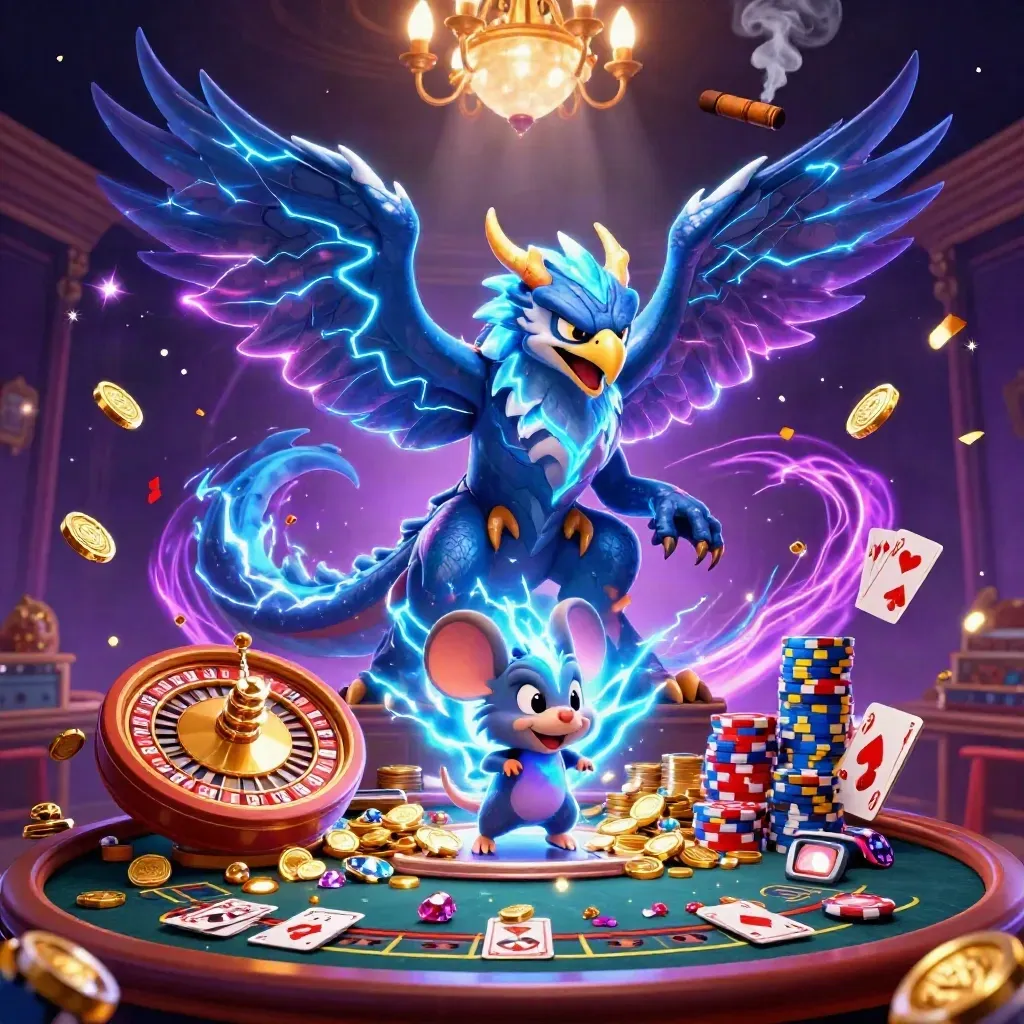Thunder dragon, wind hawk, and static mouse amid casino treasures and neon magic.