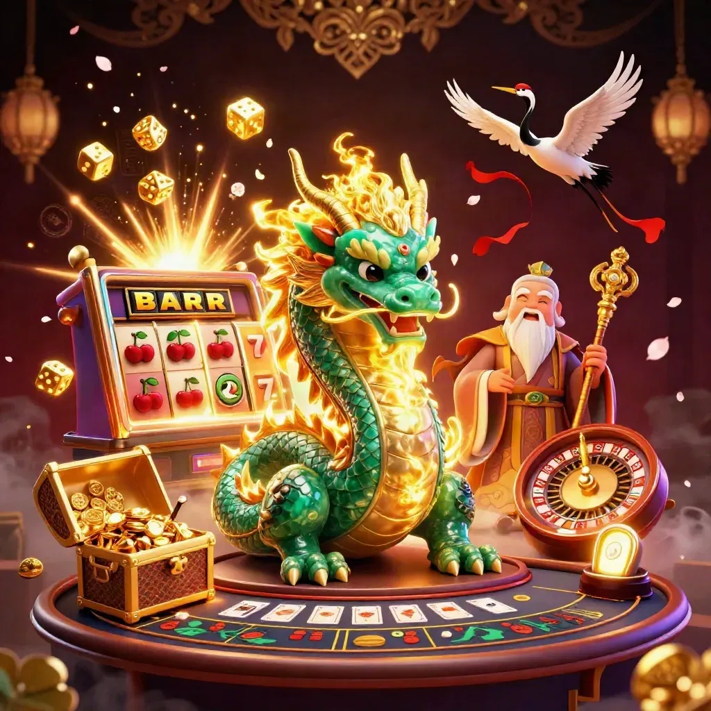 Emerald dragon, turtle sage and cranes in a luxe casino vault with jackpots and glowing gold