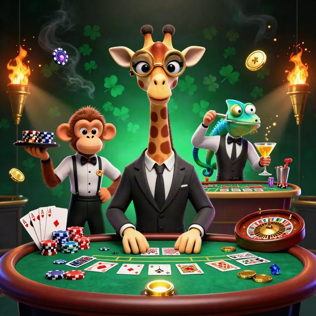 Cartoon giraffe high roller, monkey valet, chameleon bartender in a neon casino with poker and roulette chaos.