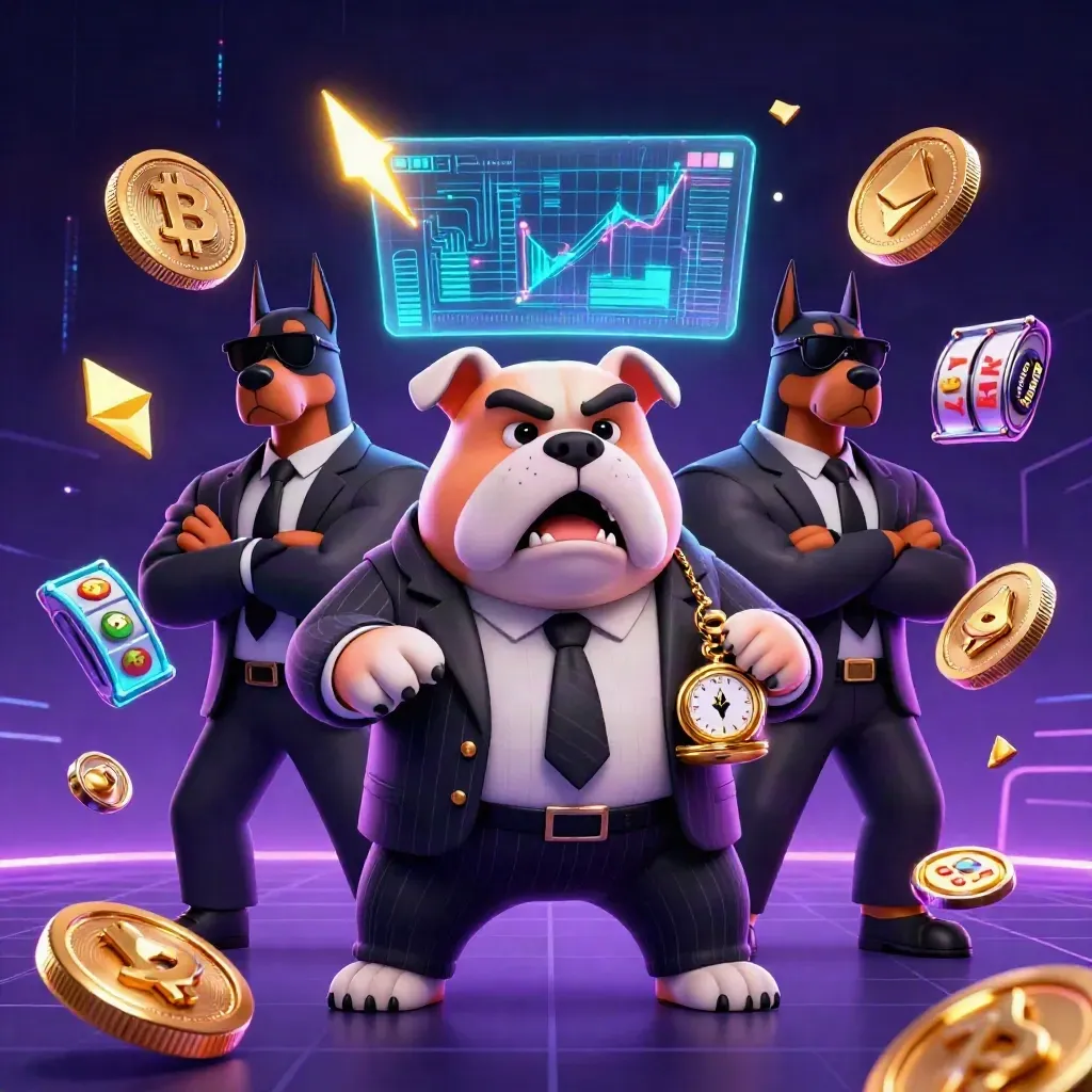 Mafia bulldog and two Doberman guards amid glowing crypto coins and casino energy