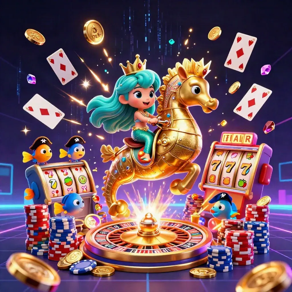 Mermaid princess on a golden seahorse, fish pirates, casino treasures bursting in neon cyan light.