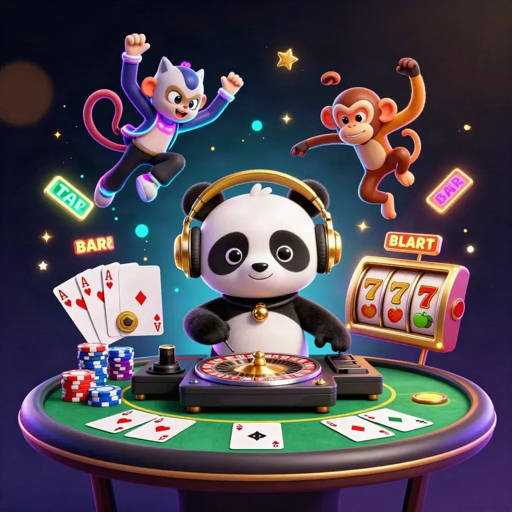 DJ panda, monkey and glow-stick kitten amid neon casino chips, cards and cyan light.