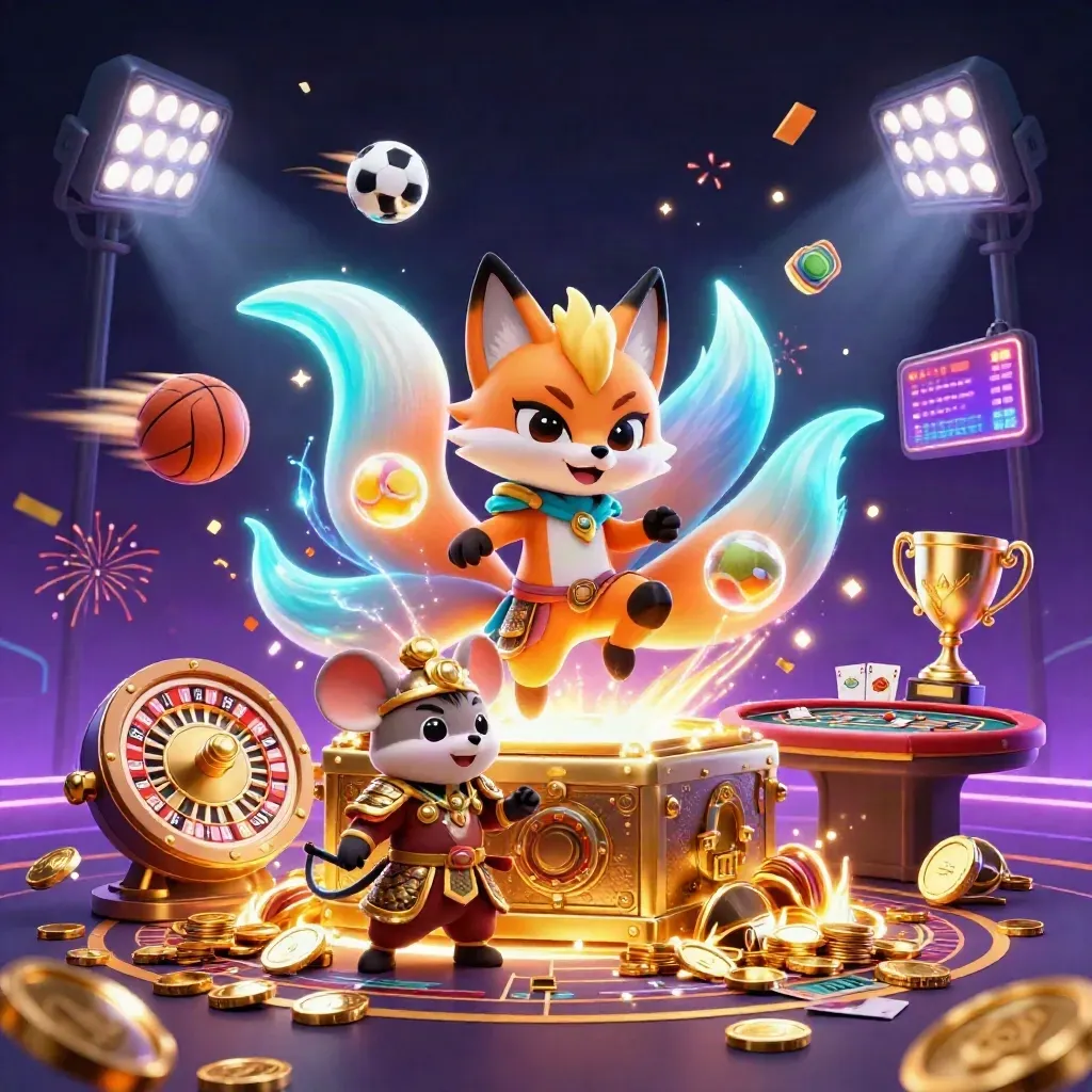 Neon fox spirit and golden mouse amid casino coins, sports balls, roulette wheel, and fireworks.