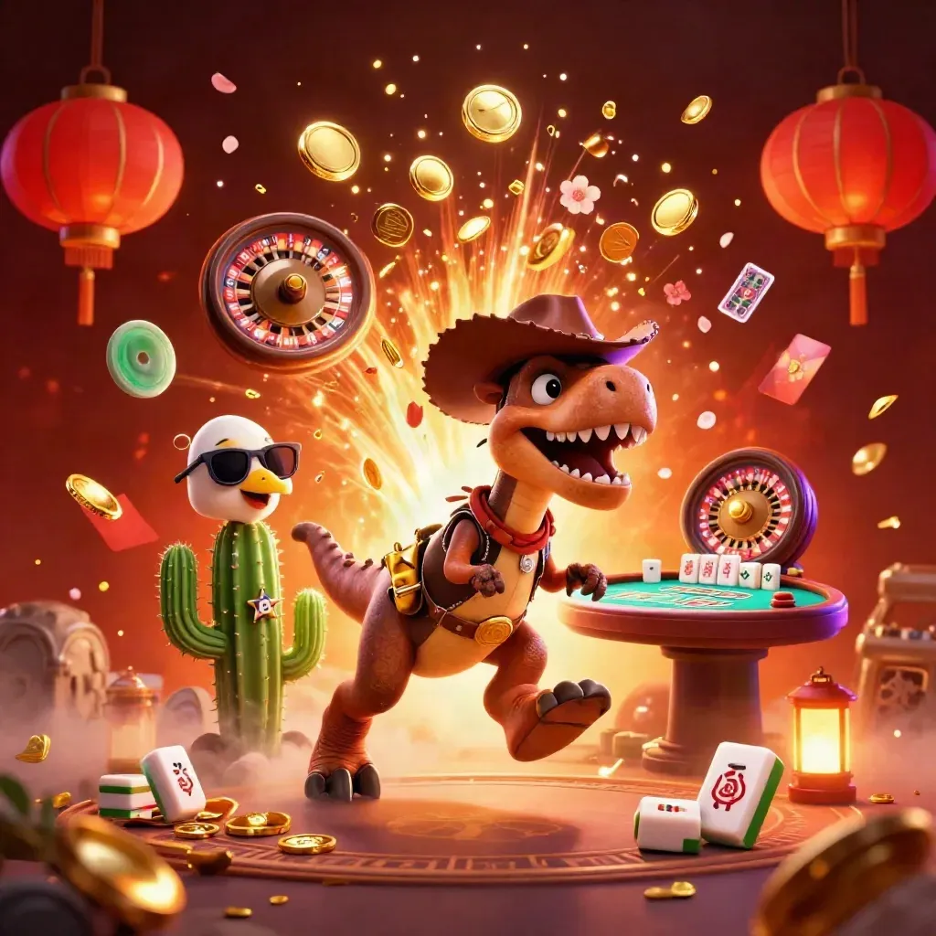 Cowboy T-Rex, cactus sidekick and sheriff roadrunner burst amid vault gold and neon casino effects.