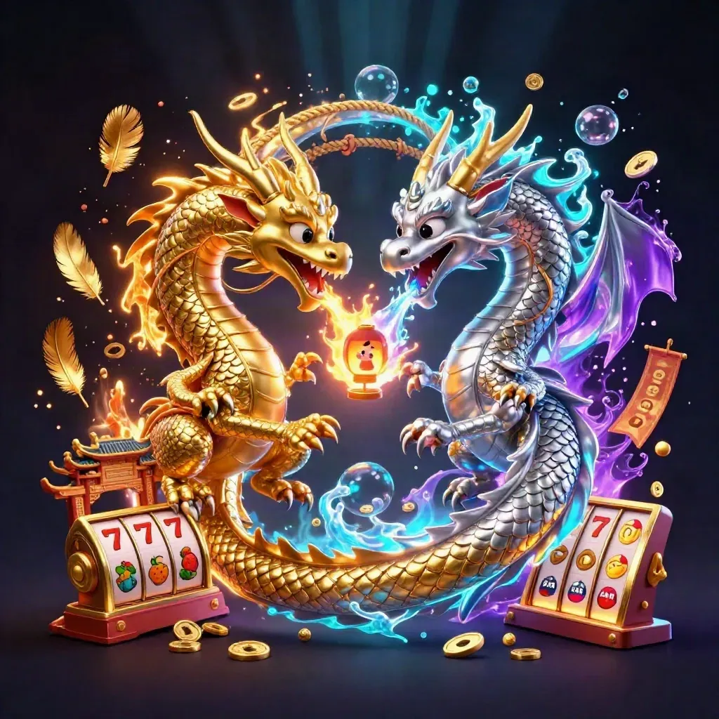 Twin gold and silver dragons form a yin-yang amid neon casino relics and a tiny lantern spirit.