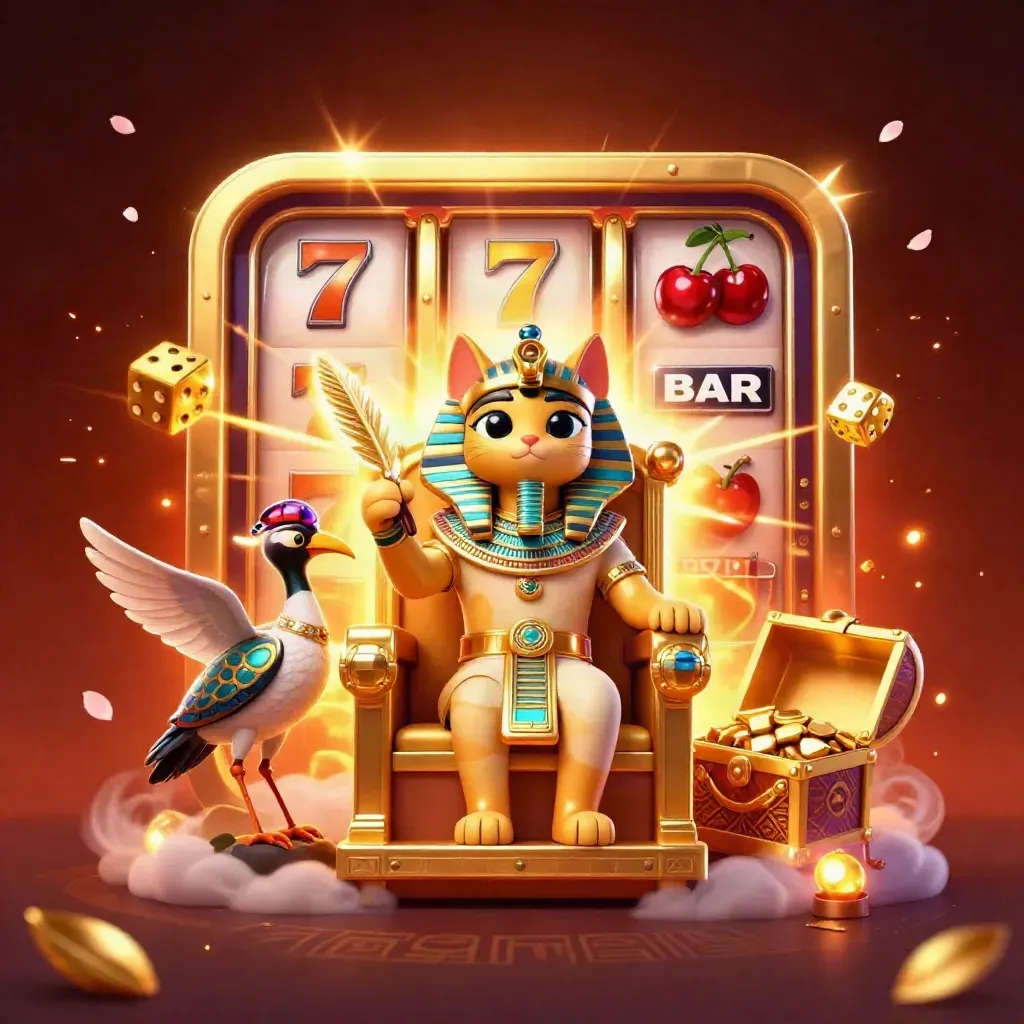 Pharaoh cat, ibis scribe and scarabs amid a jackpot slot burst in neon casino glow